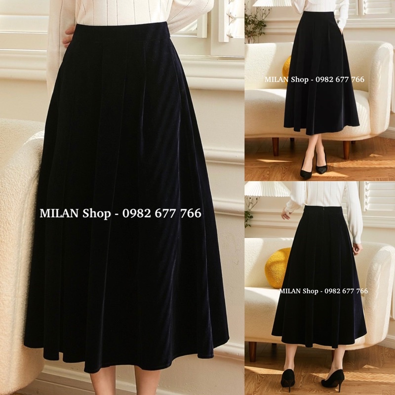 Chân váy nhung dài dáng xoè có 2 túi sườn sang chảnh
