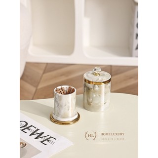 Hũ tăm sứ 3d | lọ đựng tăm vân đá 3d chất liệu sứ cao cấp | hũ sứ có nắp đậy vân đá cao cấp kẻ vàng kim