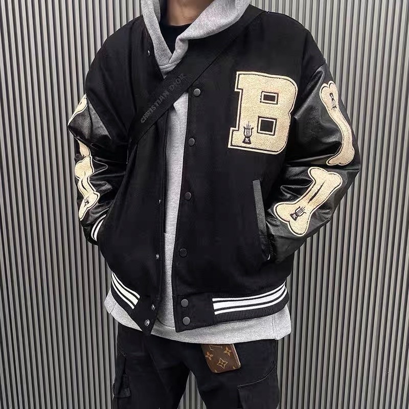 Áo khoác bomber jacket varsity màu đen nam nữ, chất dạ phối tay da cao cấp 2 lớp dày dặn- GUTAO