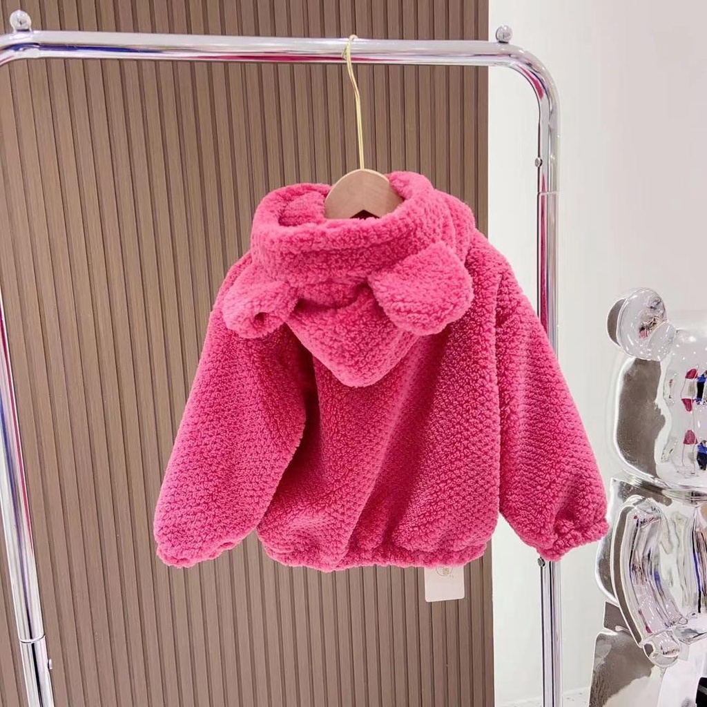 Áo Khoác Sweater Vải Len Phối Nhung In Hình Gấu / Dâu Tây Dễ Thương Thời Trang Thu Đông Cho Bé Gái