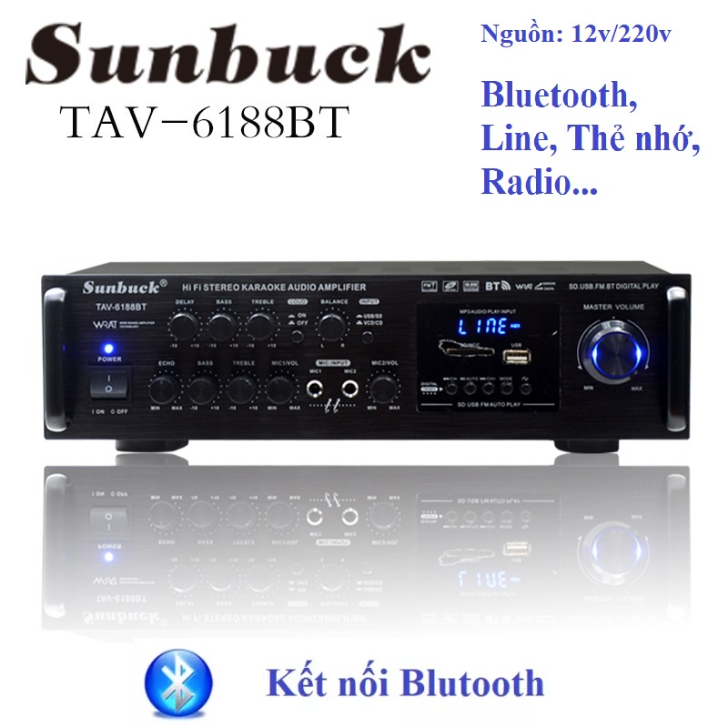 Amply 12V 220V Bluetooth SUNBUCK 6188BT Hát Karaoke Gia Đình,trên ô tô  cao cấp, chức năng đa dạng Bảo hành chính hãng