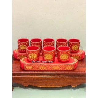 Bộ kỷ 5 chén nước thờ màu đỏ gấm cao cấp