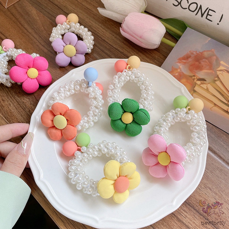Dây Cột Tóc Cao Su Đính Hoa Và Ngọc Trai Phong Cách Hàn Quốc Cho Bé Gái