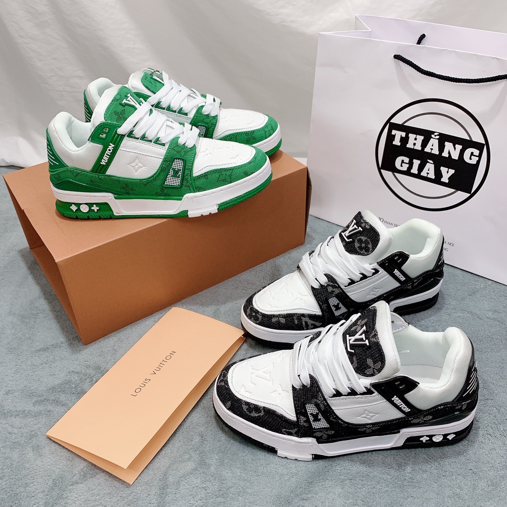 Giày Louis Vuitton LV Trainer White Green Monogram Denim Xanh bao chất, hot hit dành cho nam nữ - Giày LV sneaker xanh