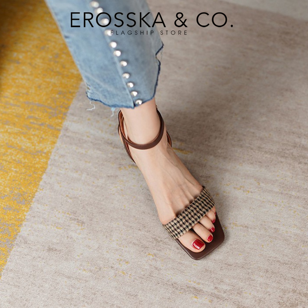 Erosska - Sandal cao gót mũi hở đế vuông phối dây quai mảnh cao 7cm màu bò - EB055