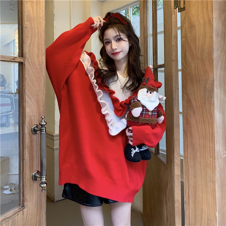 IELGY Áo Sweater Tay Dài Dáng Rộng Cổ Chữ V Phối Bèo Thời Trang Giáng Sinh Cho Nữ