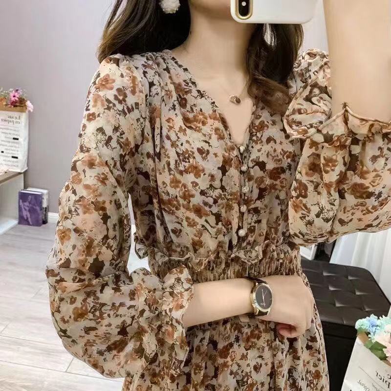 Plus Đầm Voan Hoa Hướng Dương Cổ Chữ V Eo Cao Phong Cách Hepburn Châu Âu Thời Trang Thu Đông Dành Cho Nữ
