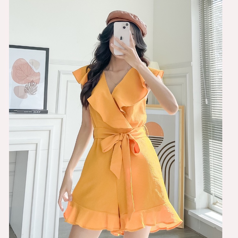 Jumpsuit nữ vải xô thắt nơ siêu tôn dáng