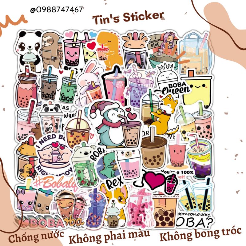 Set combo 50 sticker Trà sữa cute dễ thương chống thấm nước dán mũ nón bảo hiểm đàn guitar laptop xe máy
