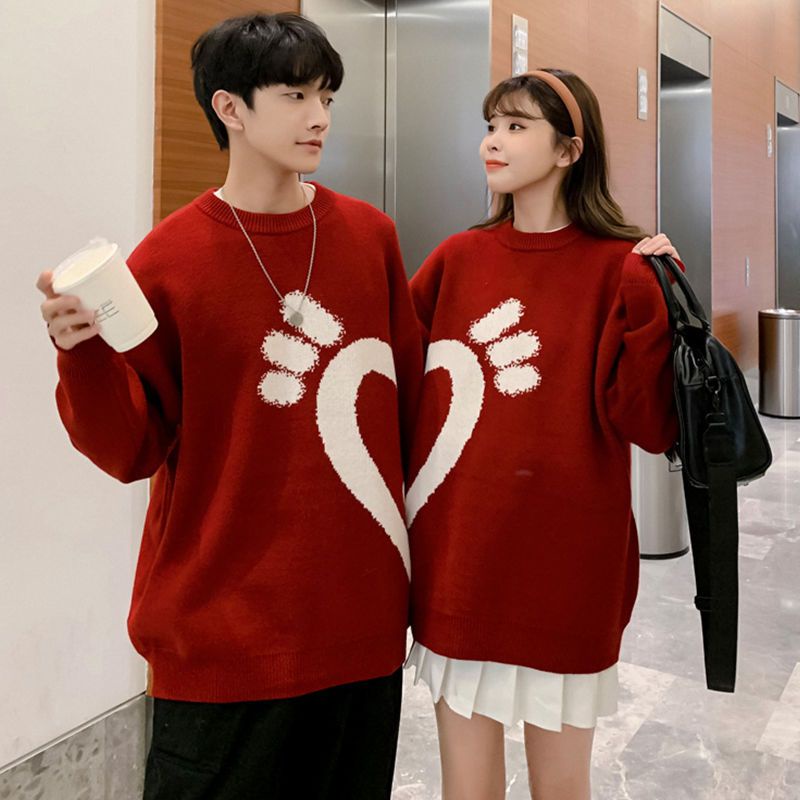 Áo Sweater Cặp Đôi Dày Dặn Phong Cách Giáng Sinh Năm Mới Trái Tim Phong Cách Thu Đông Siêu Hot