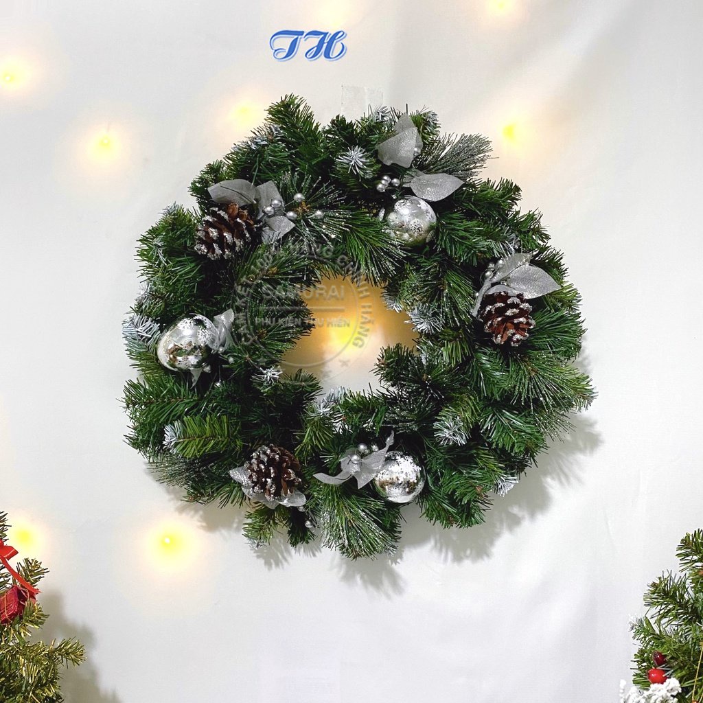 Vòng Nguyệt Quế Trang Trí Noel - Giáng Sinh 3 Loại Lá 51CM Có Kim Tuyến - vòng nguyệt quế treo cửa (  Hình Thật )
