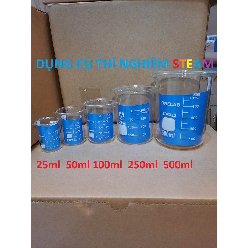 bộ 5 cốc thủy tinh, 5 cốc đo lường cốc pha trộn chia vạch ml có mỏ thí nghiệm 10ml 25ml 50ml 100ml 250ml 500ML