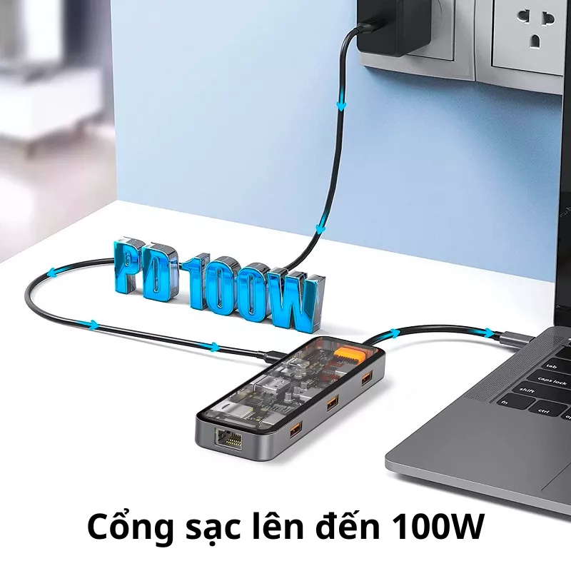 Hub USB-C 8in1 Trong Suốt WIWU Cyber USB 3.0, SD/TF, HDMI, PD