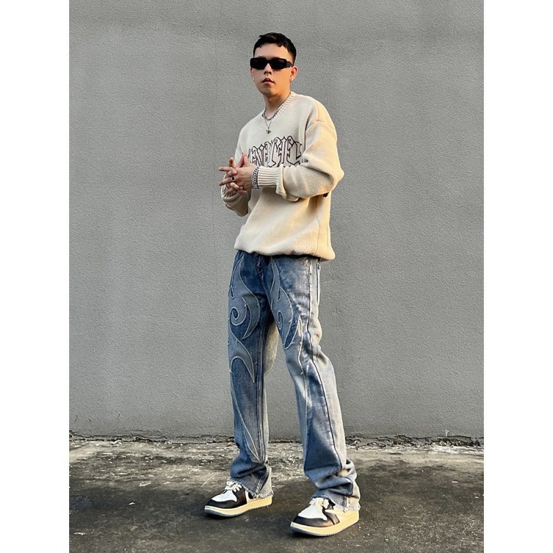 Quần Jean Dài Dáng Rộng Thêu Họa Tiết Kiểu Đường Phố Mỹ Cá Tính Cho Nam Và Nữ