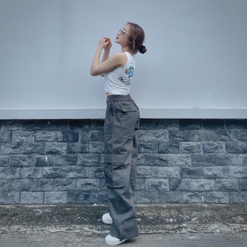 Quần Kaki Jean Ống Rộng Nâu đất Xám Xanh ống rộng lưng cao cực cá tính