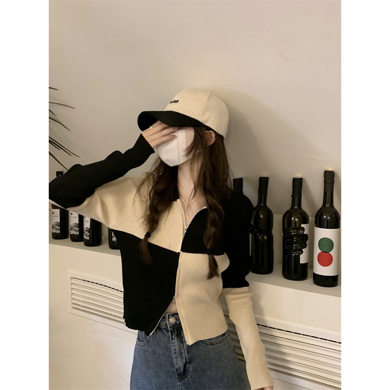 Áo Cardigan Dệt Kim Tay Dài Lưng Cao Phối Khóa Kéo Dễ Phối Đồ