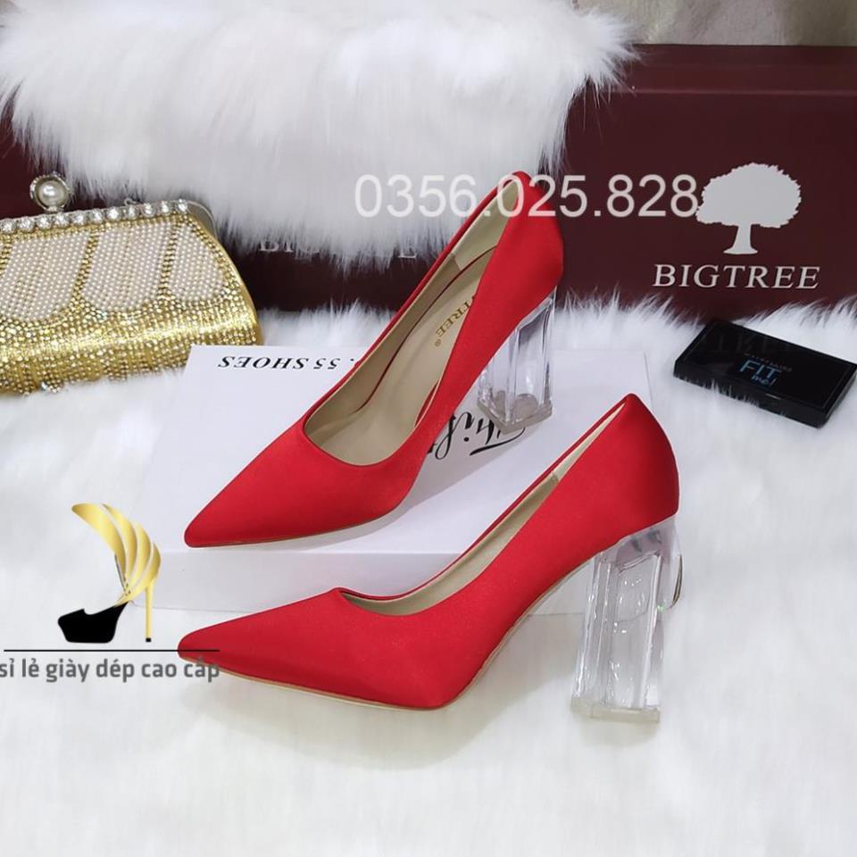 GIÀY CAO GÓT BIGTREE MŨI NHỌN ĐẾ TRONG VUÔNG VẢI SATIN- 10cm- Ảnh thật DKI `