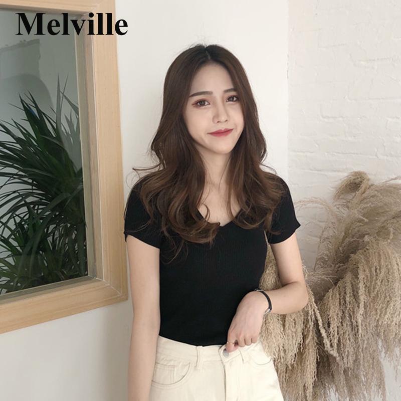 🌷Áo len tăm cổ tim cộc tay  Áo Thun tay ngắn 9 Màu Tùy Chọn