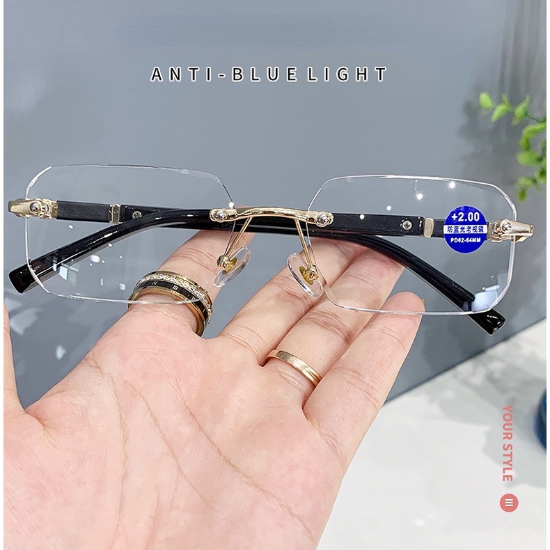 Kính cao cấp của người đàn ông và phụ nữ chống ánh sáng cũ Kim loại ống kính không khung và kính +100° to +400°