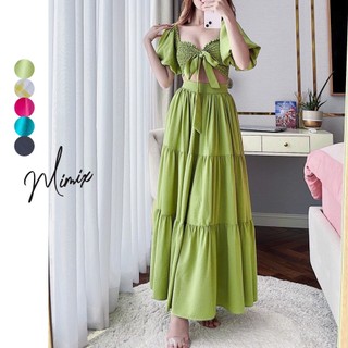 Set chân váy kèm áo croptop trễ vai tay phồng MIMIX BX6250
