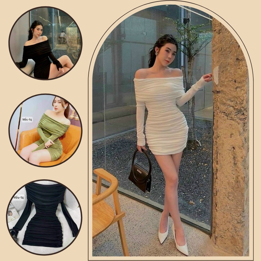 Đầm body trễ vai nhún hông chất nhũ kim sa xinh xắn