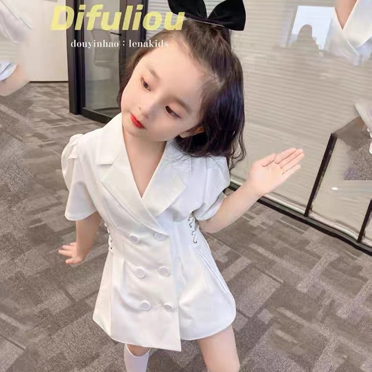 Babyfair Đầm Trẻ Em Tay Ngắn Bé Gái Nút Trước Dây Rút Eo Thon Gọn