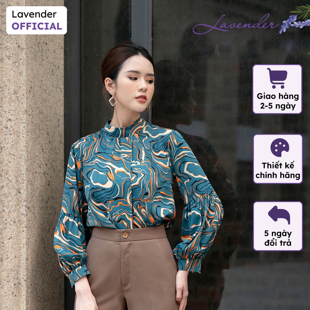 Áo sơ mi công sở nữ họa tiết LAVENDER xanh đá cổ trụ tay dài cao cấp A2404