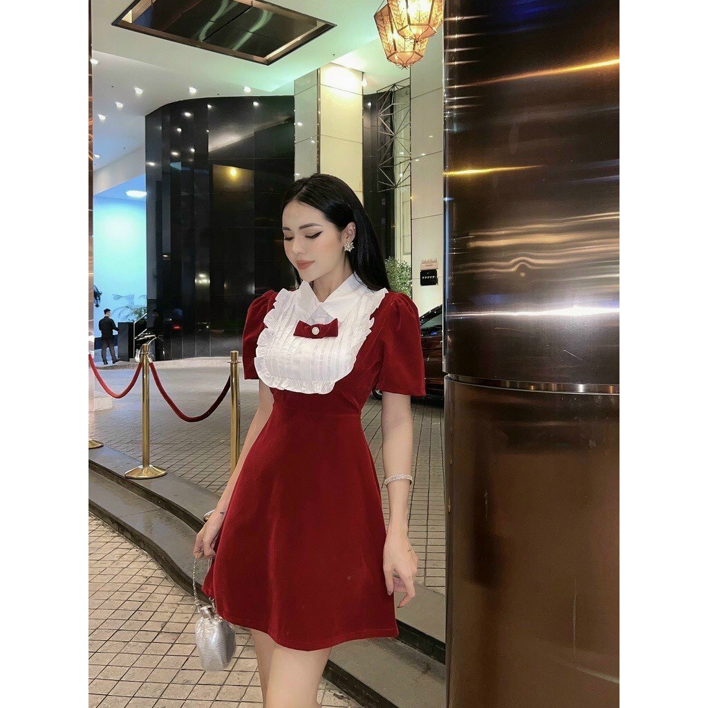 Đầm nhung phối cổ bèo dập ly đính nơ