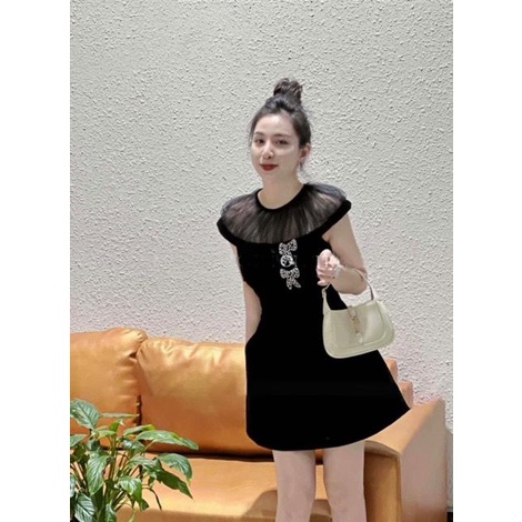 ✨BÁN SỈ✨Đầm nhung đen phối voan vai đính nơ đá có túi