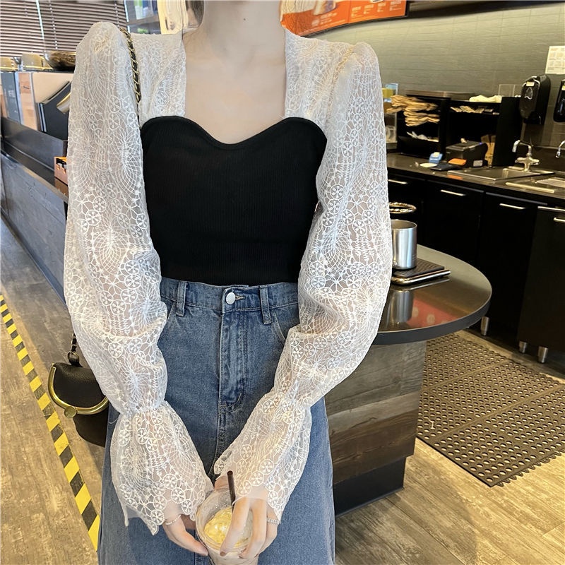 Jiashucheng Áo Thun Tay Dài Cổ Vuông Phối Ren Siêu Nữ Tính Phong Cách Mới Mùa Thu