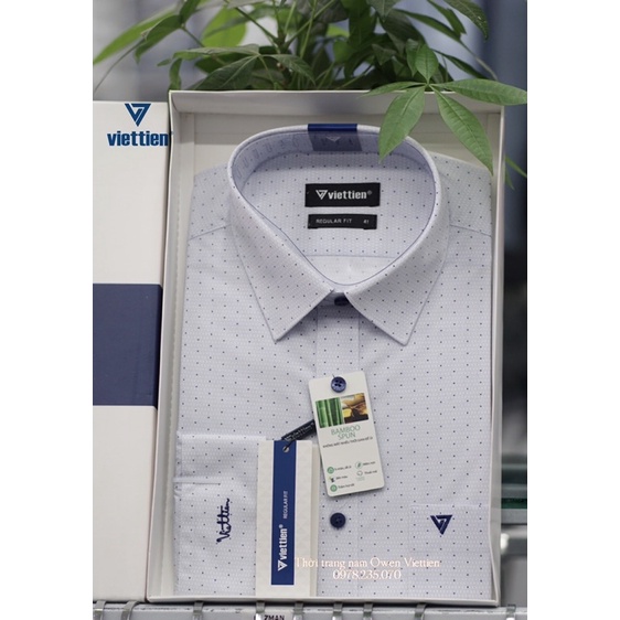Viettien - Áo sơ mi nam dài tay chấm bi trắng xanh fom REGULAR FIT - Áo sơ mi nam công sở Việt Tiến