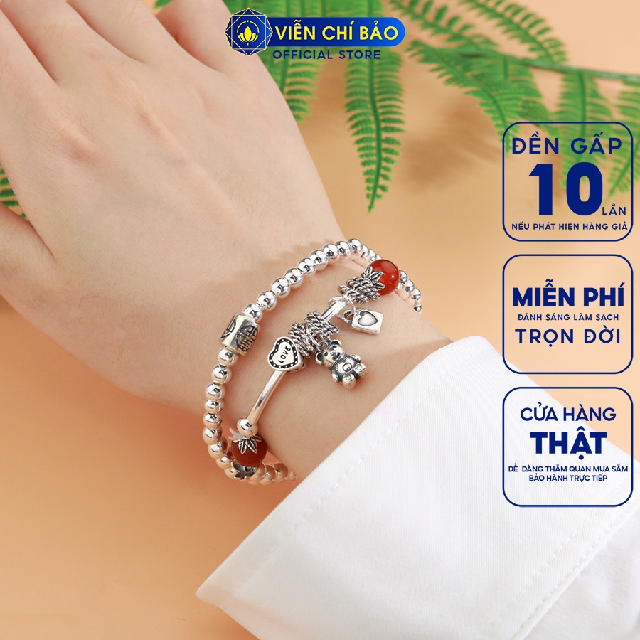 Vòng tay bạc nữ bi charm gấu đá đỏ chất liệu bạc 925 thời trang phụ kiện trang sức Viễn Chí Bảo L000119