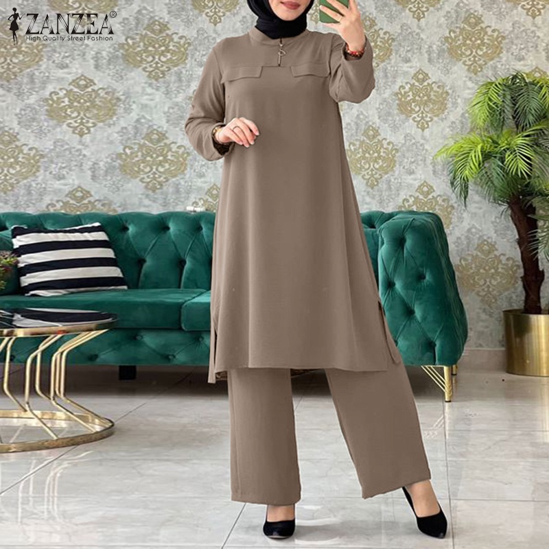 Set đồ 2 món Zanzea gồm áo tay dài có khóa kéo phía trước và quần dài ống rộng phong cách Hồi Giáo thời trang cho nữ