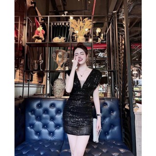 [New Sales 2024] Váy đầm kim sa cổ V phối lưới có mút may 2 lớp co giãn dành cho các nàng đi chơi dự tiệc xinh xắn