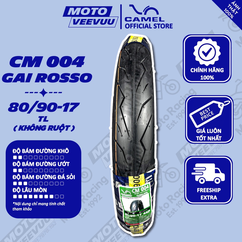 Vỏ lốp xe máy Camel 004 Gai Rosso xe số 80/90-17 TL (Lốp không ruột)