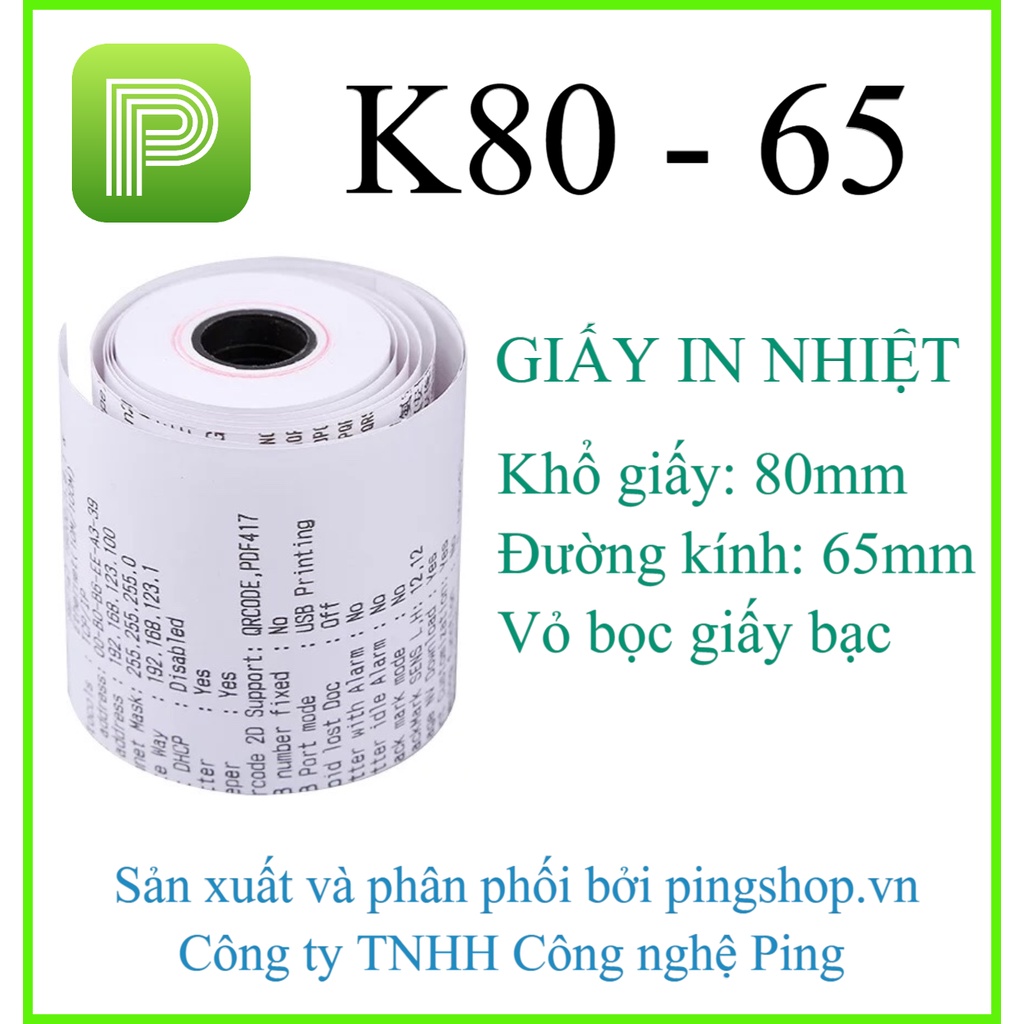 Cuộn giấy in nhiệt, in bill. in hóa đơn K80x65 dùng cho máy in nhiệt khổ 80mm