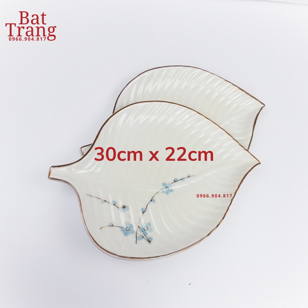 Đĩa sứ men kem Bát Tràng họa tiết đào xanh, dĩa đựng đồ ăn phòng bếp sang trọng chất lượng cao - hàng co