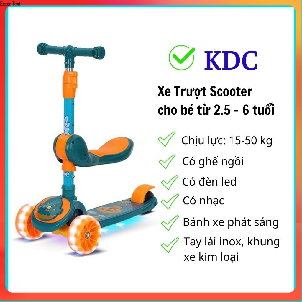 Xe trượt Scooter KDC Bánh phát sáng có ghế ngồi, có nhạc có đèn led, mẫu mới 2021 cho bé từ 2.5 tuổi