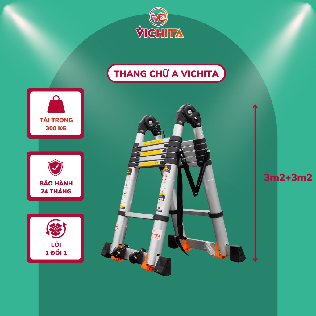 Thang Nhôm Rút Chữ A 6,4M (3.2M+3.2M) VICHITA - Có Bánh Xe, Thanh Giằng Chống Rung Lắc - Tặng Chốt Thang