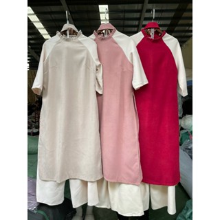 Áo dài nhung cổ bèo kèm khăn tuban