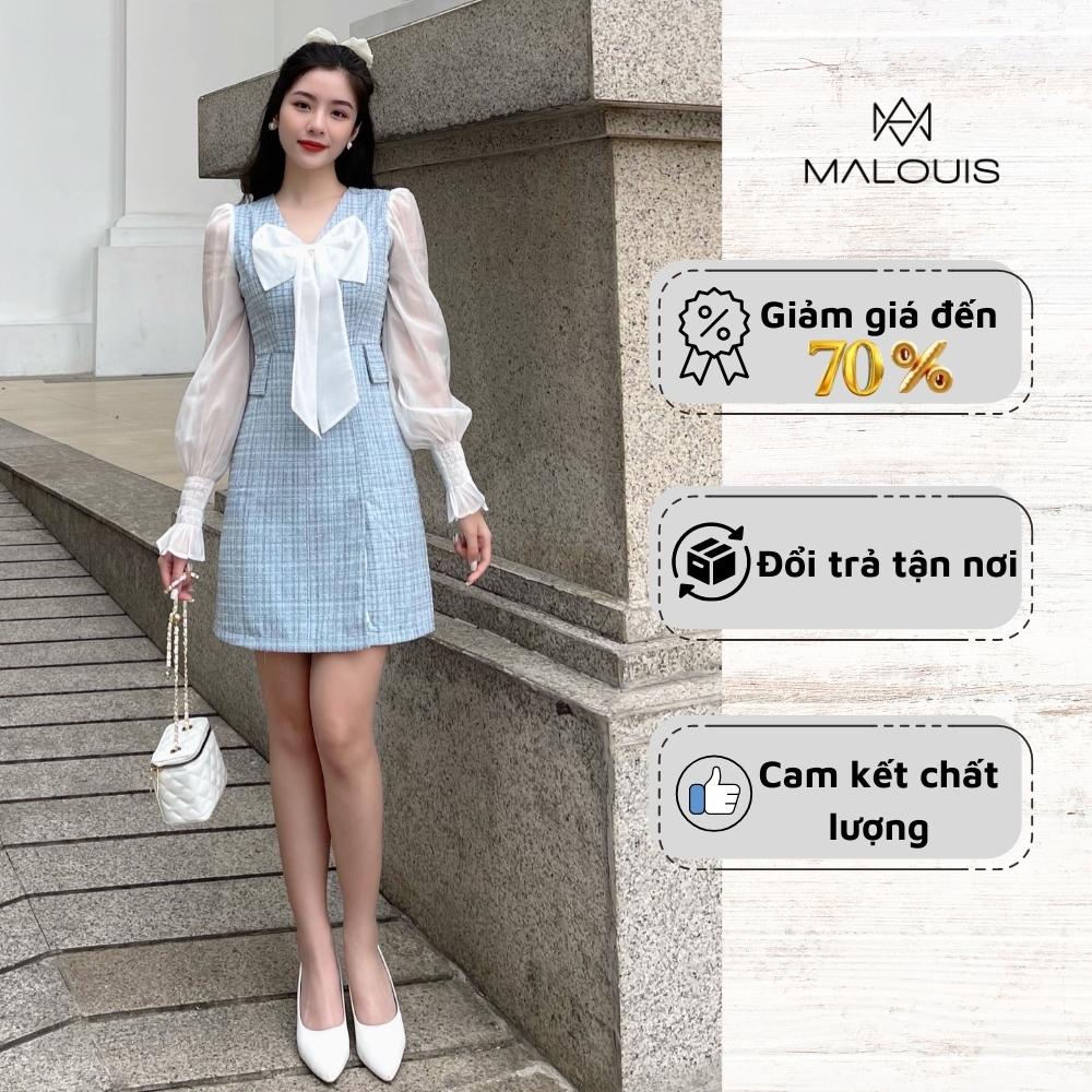 Váy dạ tweed phối voan tay dài bo chun, nơ trước ngực - M116