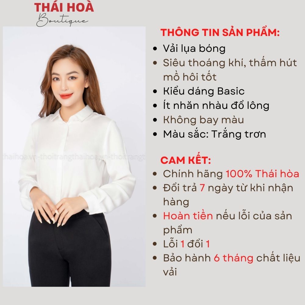 Áo sơ mi nữ lụa công sở màu trắng dài tay thiết kế kiểu dáng thanh lịch Thái Hòa 8883-01-01