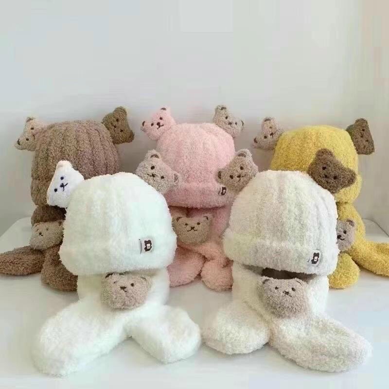 Sét khăn mũ tai gấu nâu siêu dày ấm mịn cho bé yêu