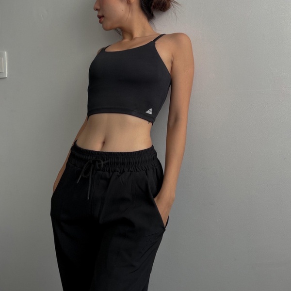 Bộ đồ tập gym Fitme áo bra thể thao nữ Lota đen, quần jogger microfiber đen thoáng mát