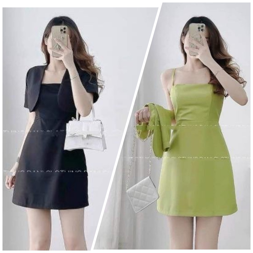 SÉT 70111, SÉT ĐẦM DÂY KÈM ÁO KHOÁC TAY NGẮN, VẢI FOR MỀM.