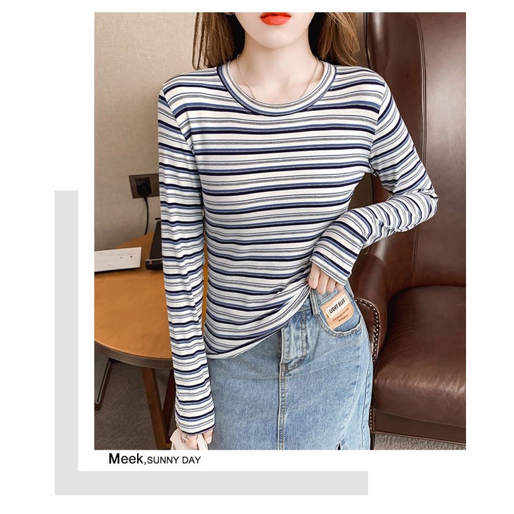 Áo Thun Tay Dài Dáng Ôm Họa Tiết Kẻ Sọc Màu Sắc Tương Phản Thời Trang Xuân Thu  Có Size Lớn Cho Nữ