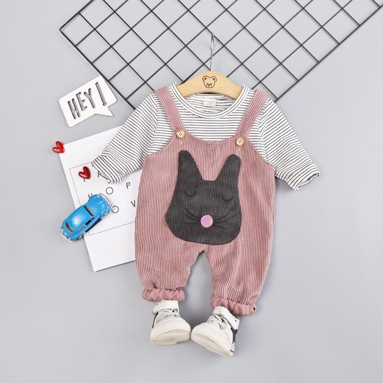 Set Quần Yếm Nhung Tăm Màu Nâu Hình Chú Mèo Siêu Dễ Thương Kèm Áo Cotton Size 6 tháng-3 tuổi