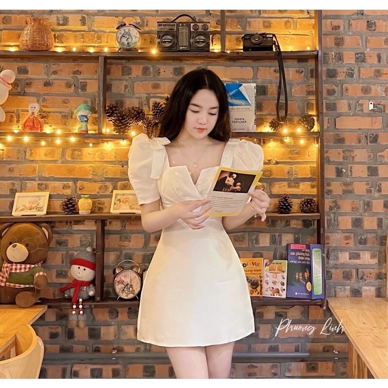 Đầm tacta tiểu thư cổ V cách điệu nơ vai Xưởng May Đường Hoa kèm ảnh thật