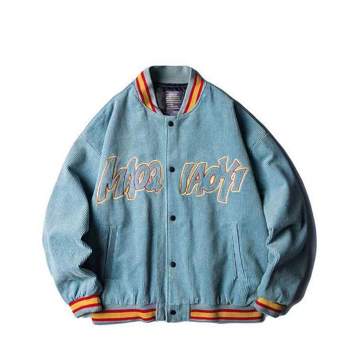 Mỹ Vintage đường phố xu hướng "Red Yellow Stripes" Corduroy mới Âu Mỹ bóng chày phù hợp với phiên bản Mỹ màu xanh áo khoác cho nam giới và phụ nữ màu đen thời trang thương hiệu sinh viên lỏng lẻo đôi thêu áo khoác màu xám