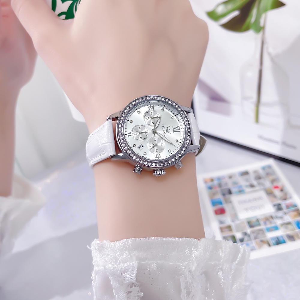 OLEVS 9933  Đồng hồ nữ dây da chính hãng đa chức năng lịch ngày ba mắt sáu kim chronograph dạ quang chống thấm nước